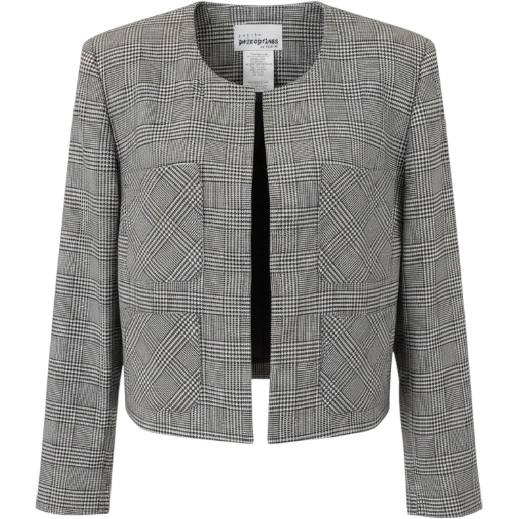 Vintage 1980's Petite Perceptions 8p Plaid Cropped Collarless Blazer, Academia